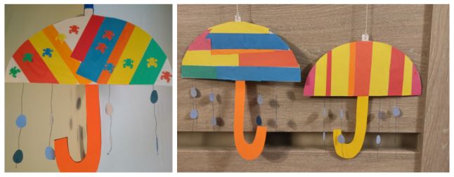 Kolaż dwóch zdjęć, które pokazują wykonane papierowe parasole z naklejonymi elementami z kolorowego papieru