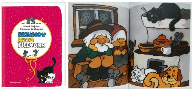 Kolaż okładki oraz ilustracji z książki „Przygody kota Filemona”