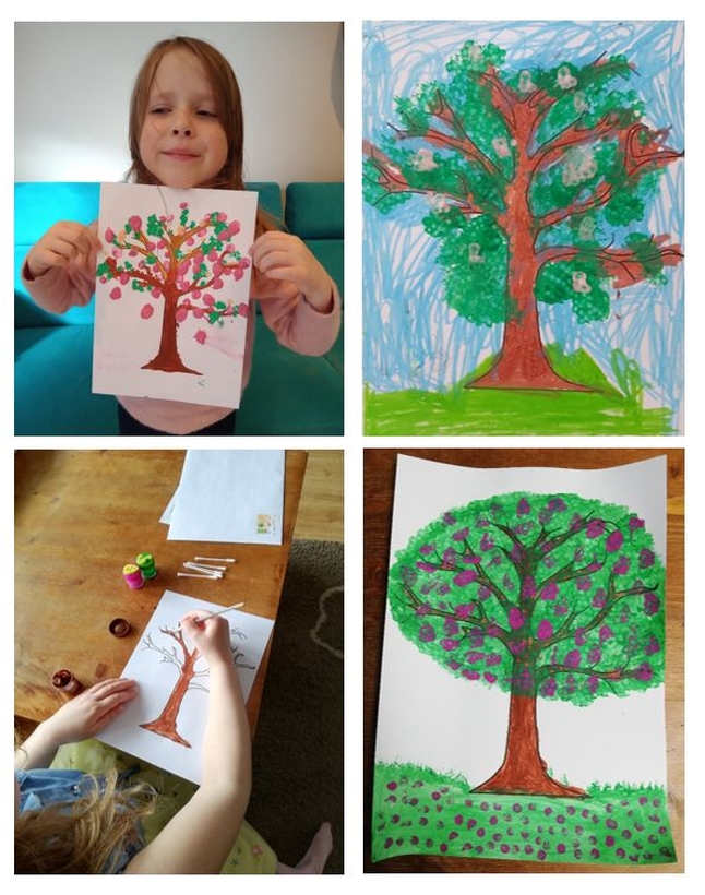 Kolaż czterech zdjęć obrazków namalowanych przez dzieci przedstawiających wiosenne drzewo