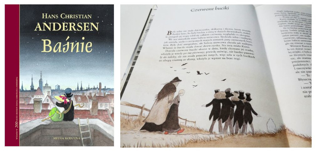 Kolaż okładki i ilustracji z książki „Baśnie” Hansa Christiana Andersena.