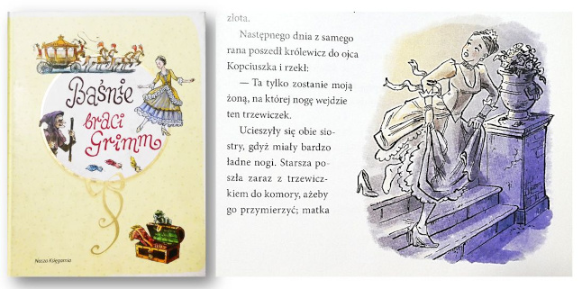 Kolaż okładki i ilustracji z książki „Baśnie” Jacoba i Wilhelma Grimm.